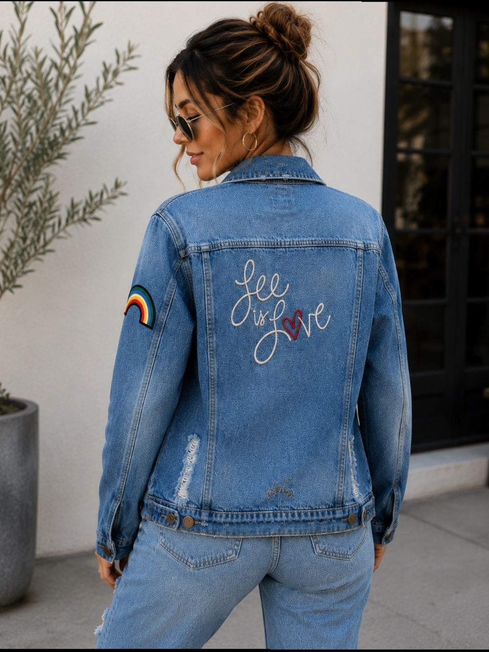 Lee Distressed Denim Jacket “Lee Is Love” Embroidered Rainbow Patch Jean Jacket